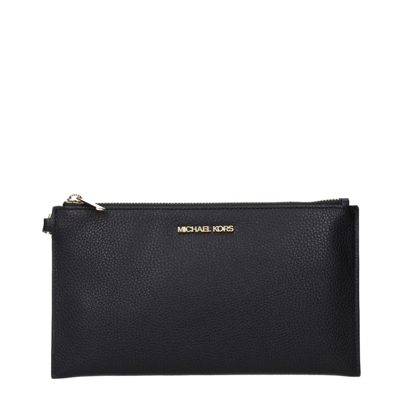 Black pebbled leather zip clutch bag with gold-tone hardware and logo