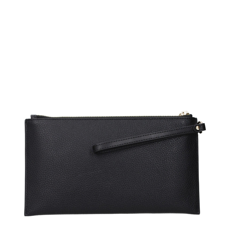 Black pebbled leather clutch bag with a wrist strap and gold zipper