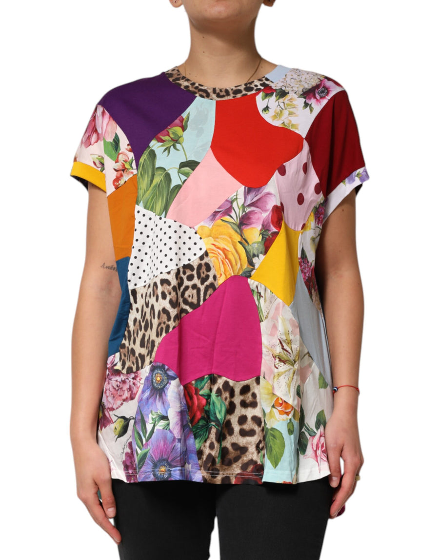 Multicolor patchwork cotton silk blouse with floral and animal prints
