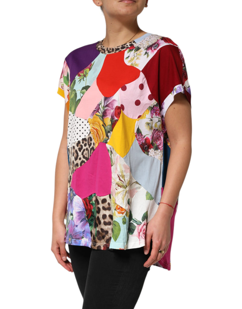 Multicolor patchwork cotton silk blouse with floral, polka dot, and animal print patterns