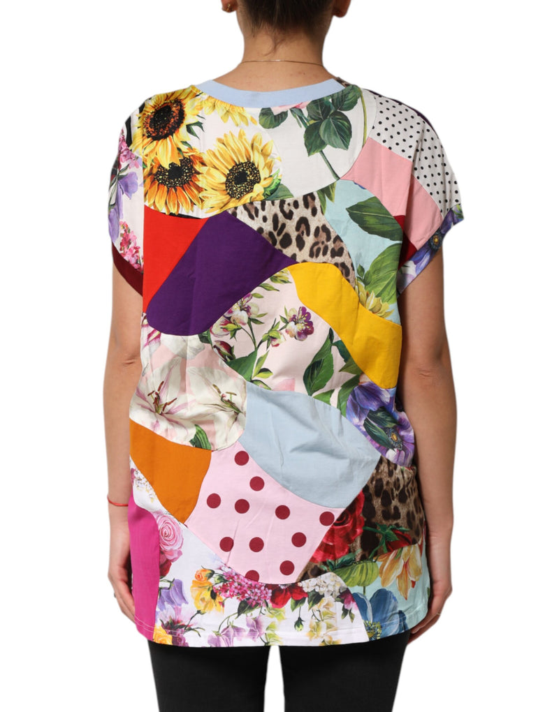 Multicolor patchwork cotton silk blouse top with floral and animal prints