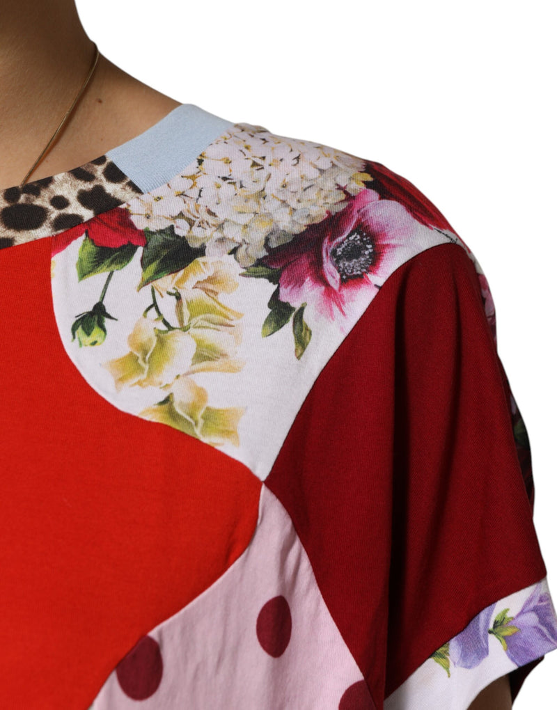 Multicolor patchwork cotton silk blouse with floral and polka dot prints