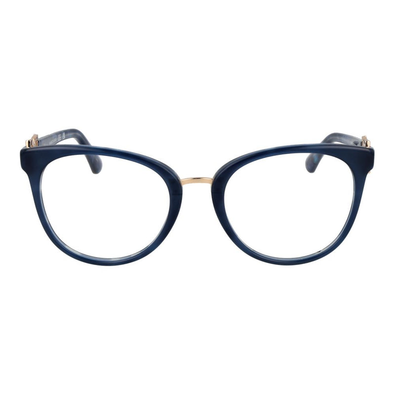 Blue acetate cat-eye eyeglass frames with gold bridge and temples