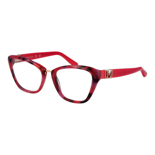 Red and pink tortoiseshell acetate cat-eye eyeglass frames with gold accents