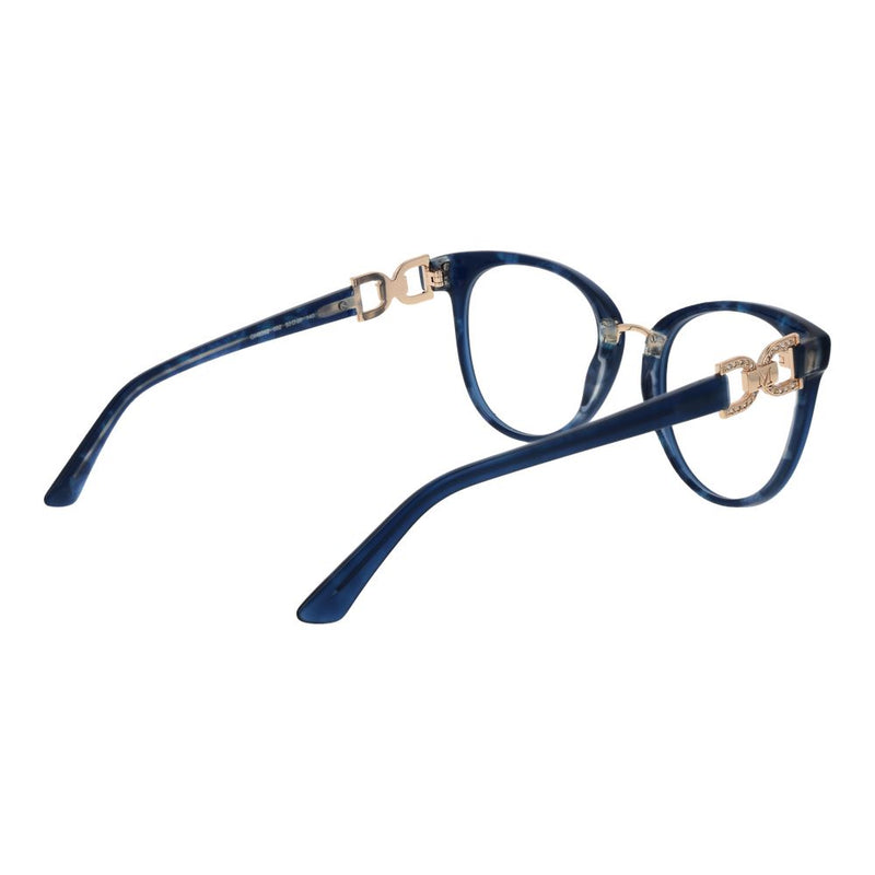 Blue acetate eyeglass frames with oval lenses and gold hardware details