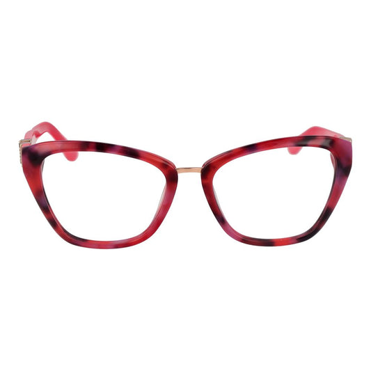 Multicolor acetate cat-eye eyeglass frames in pink and red tortoiseshell with a gold bridge