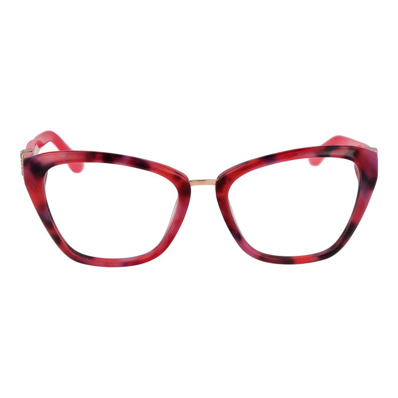 Multicolor acetate cat-eye eyeglass frames in pink and red tortoiseshell with a gold bridge