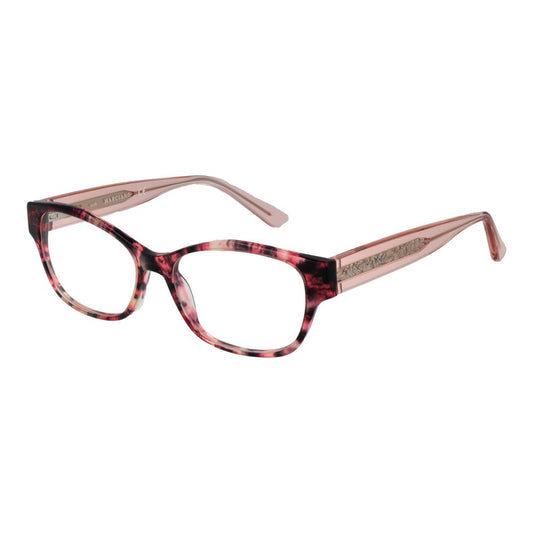 Pink acetate eyeglasses frames with marbled pattern and translucent temples