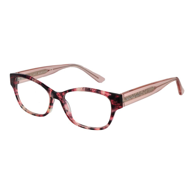 Pink acetate eyeglasses frames with marbled pattern and translucent temples
