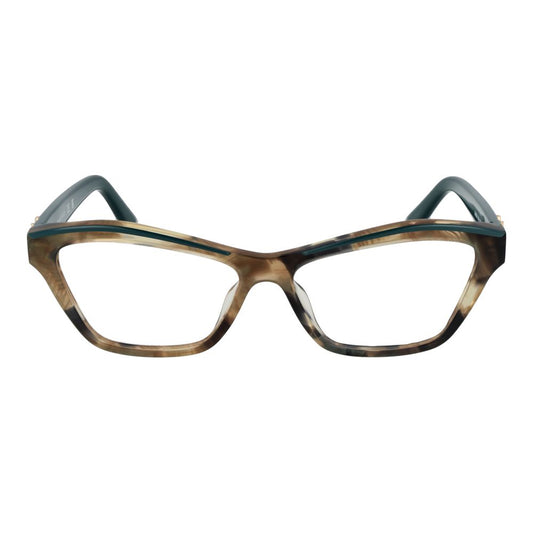 Multicolor acetate cat-eye glasses frames with tortoiseshell pattern and dark green accents