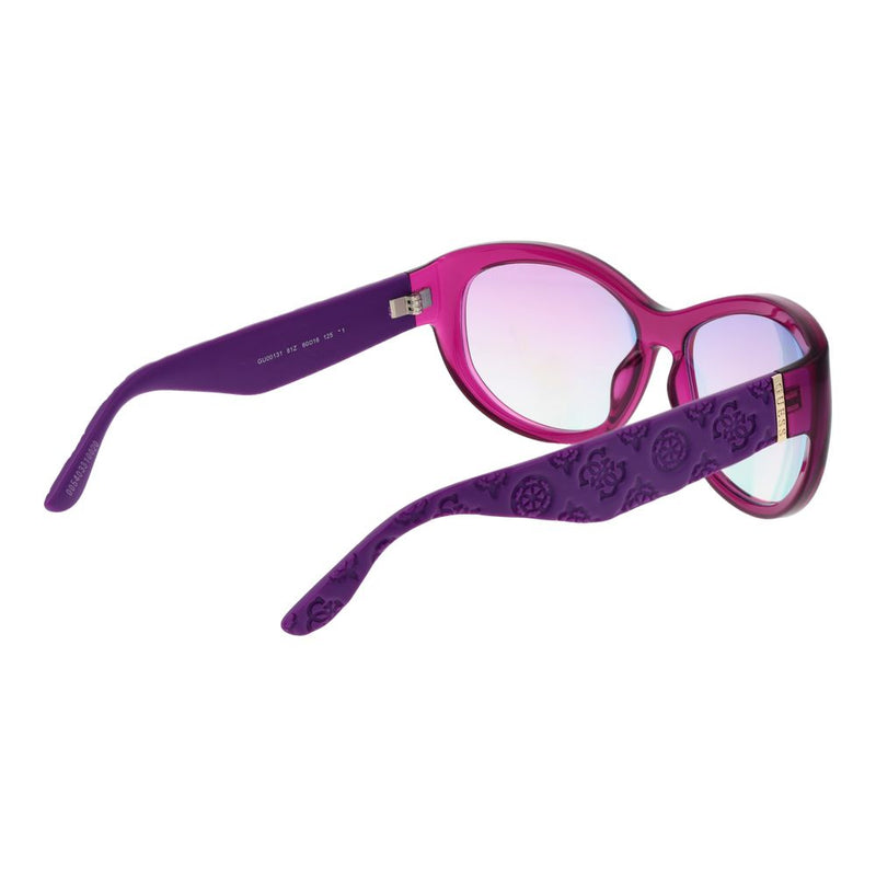 Magenta and purple plastic sunglasses with gradient lenses and embossed temples