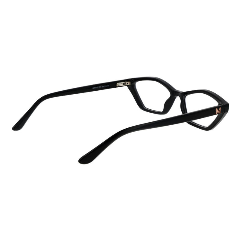 Glossy black plastic cat-eye eyeglass frames with gold M logo