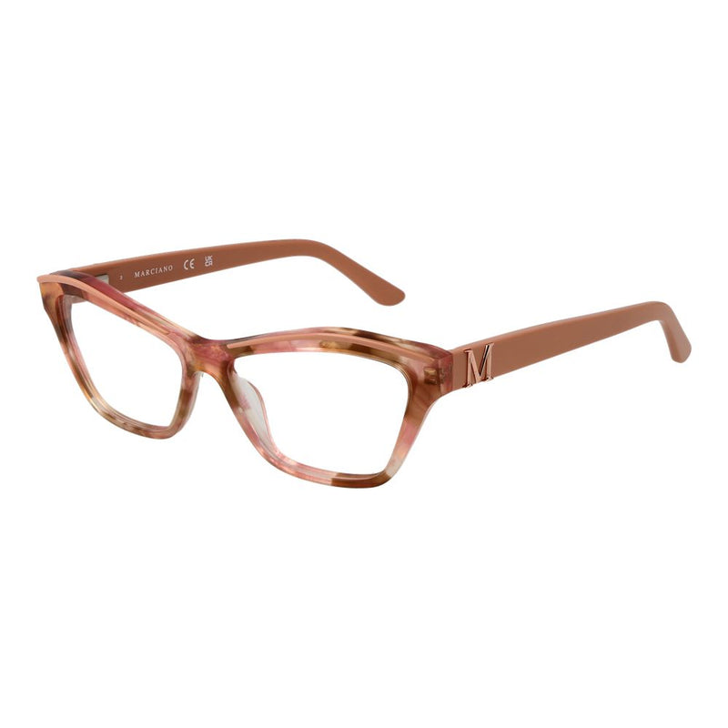 Beige and pink acetate cat-eye eyeglass frames with gold M logo on temples