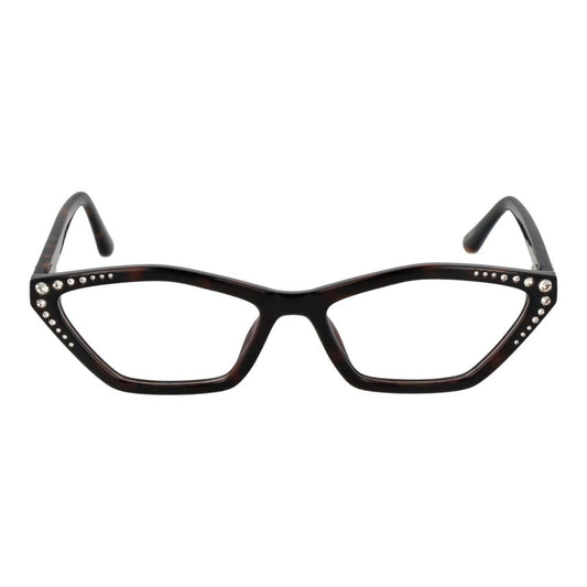 Brown geometric eyeglass frames with rhinestone embellishments on the temples