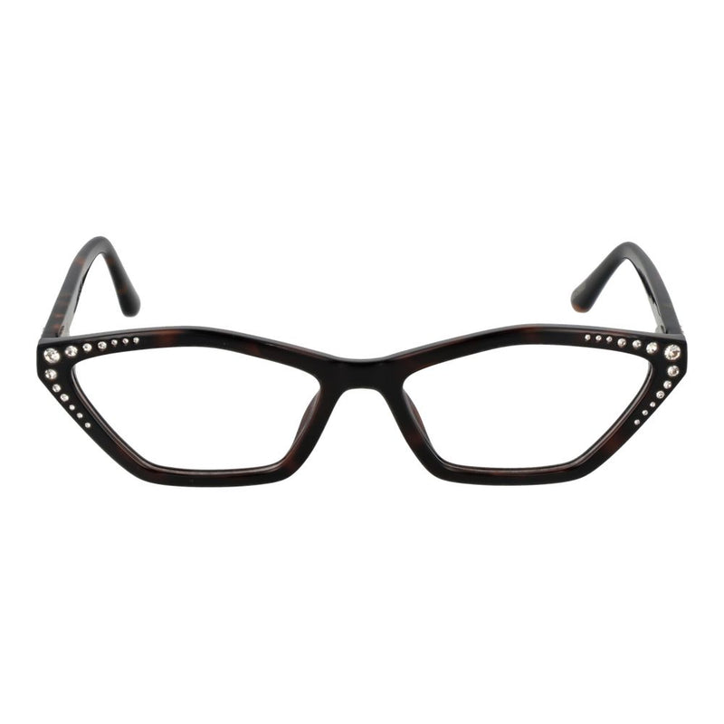 Brown geometric eyeglass frames with rhinestone embellishments on the temples