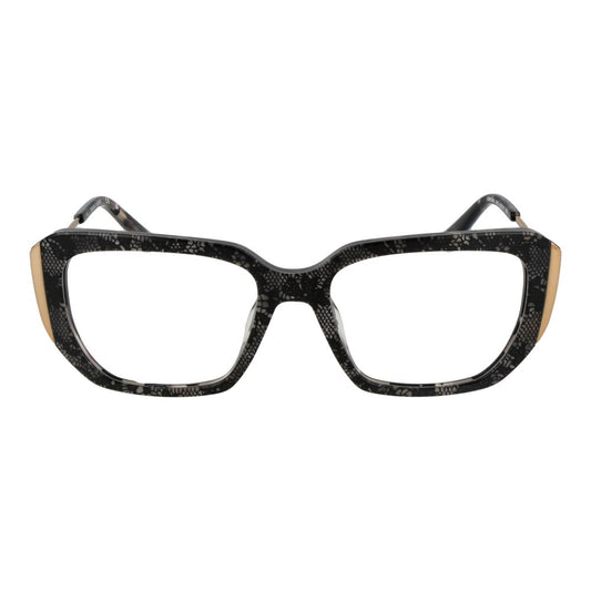 Gray acetate eyeglasses frames featuring a bold patterned design with gold accents on the outer corners
