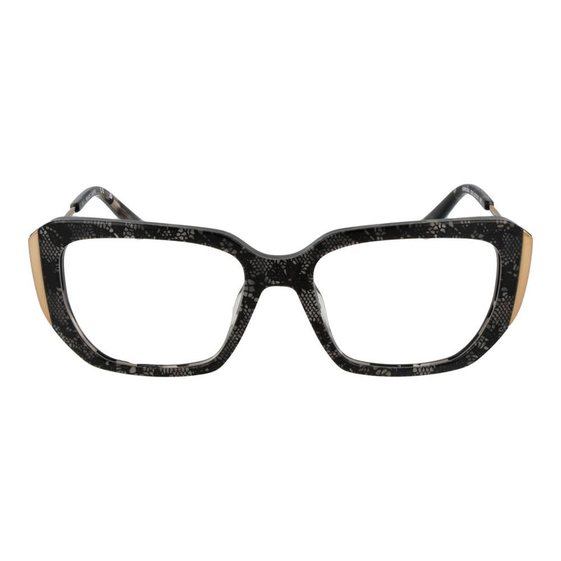 Gray acetate eyeglasses frames featuring a bold patterned design with gold accents on the outer corners
