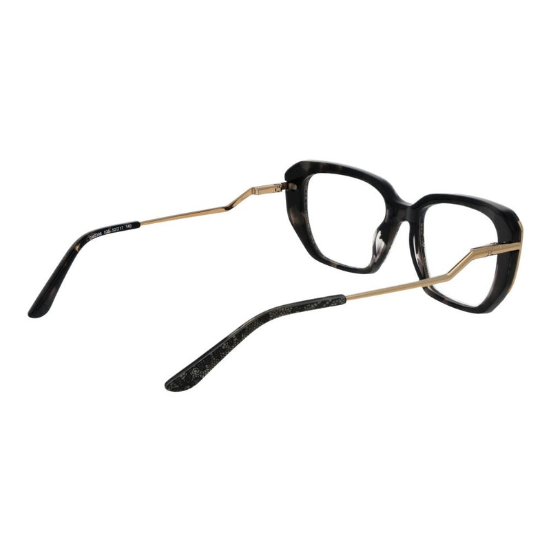 Gray acetate eyeglass frames with thick rims and gold metal temples