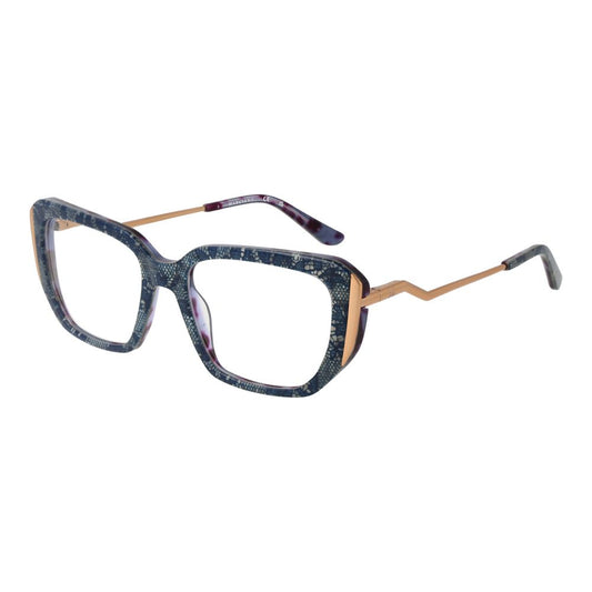 Multicolor acetate cat-eye glasses frames with blue lace pattern and gold metal temples