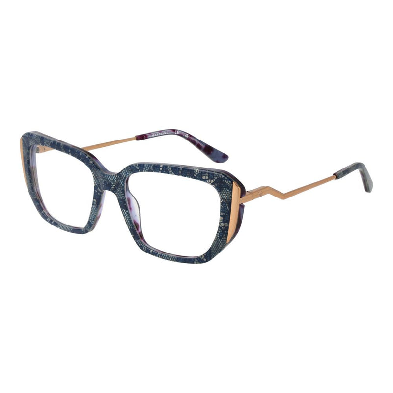 Multicolor acetate cat-eye glasses frames with blue lace pattern and gold metal temples