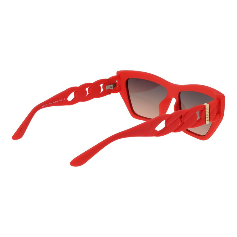 Red plastic cat-eye sunglasses with chunky chain-link temples and gradient lenses