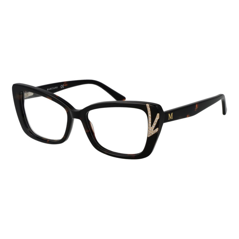 Black acetate cat-eye eyeglass frames with tortoiseshell pattern and rhinestone accents