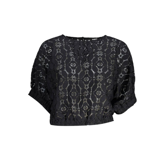 Black lace women's blouse with short sleeves and round neckline