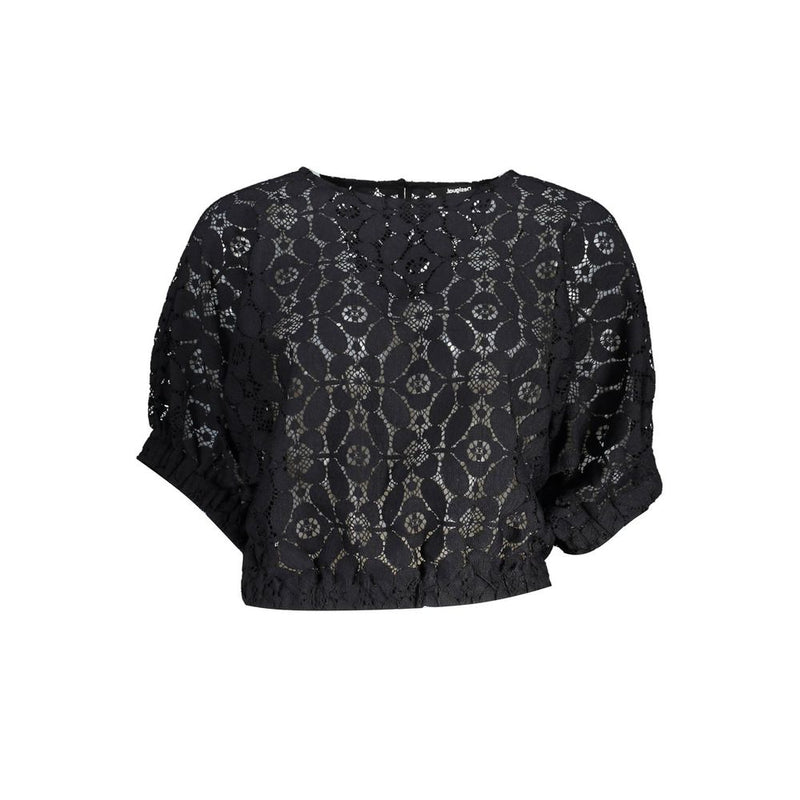 Black lace women's blouse with short sleeves and round neckline