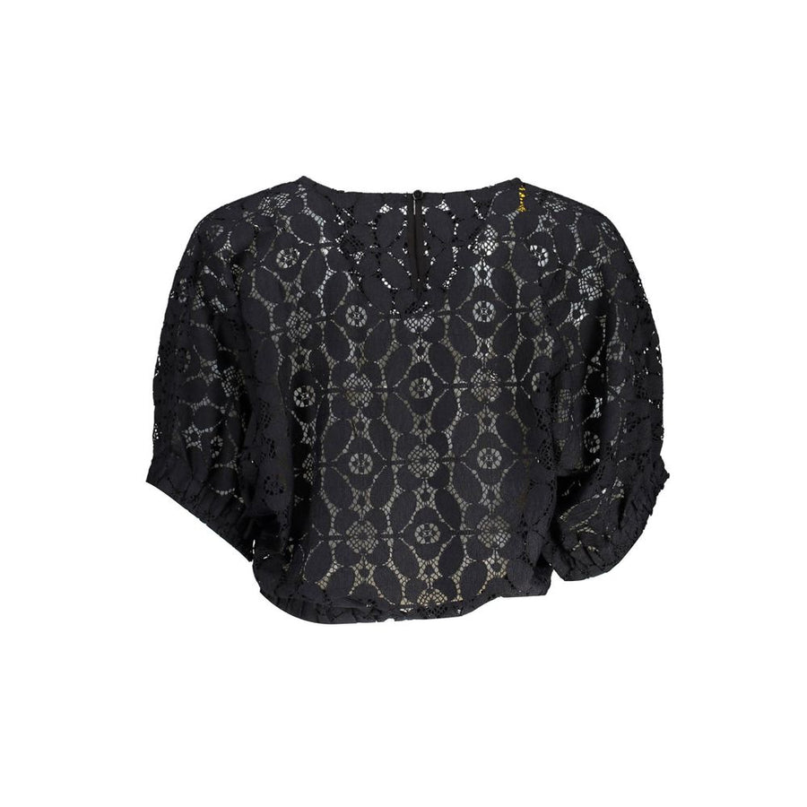 Black lace women's blouse with short sleeves and round neckline