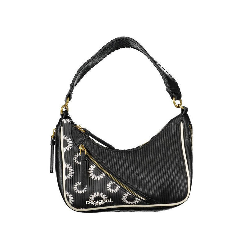 Black polyurethane hobo shoulder bag with pleated texture and white floral embroidery details