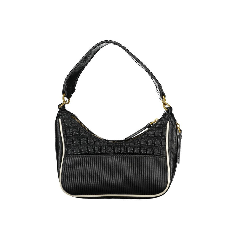Black polyurethane structured women handbag with textured pattern and shoulder strap