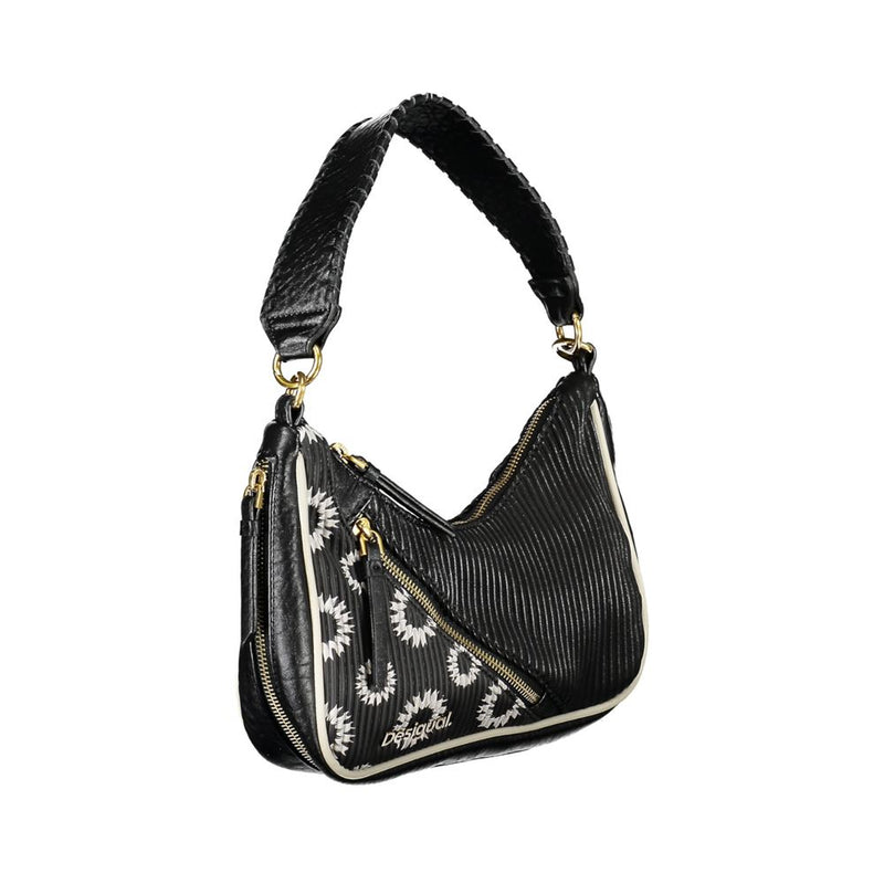 Black polyurethane women handbag with textured pattern and shoulder strap