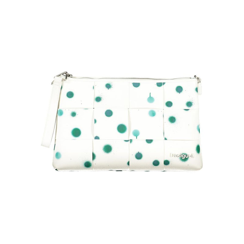 White polyurethane woven clutch handbag with green spray paint spots and a wrist strap