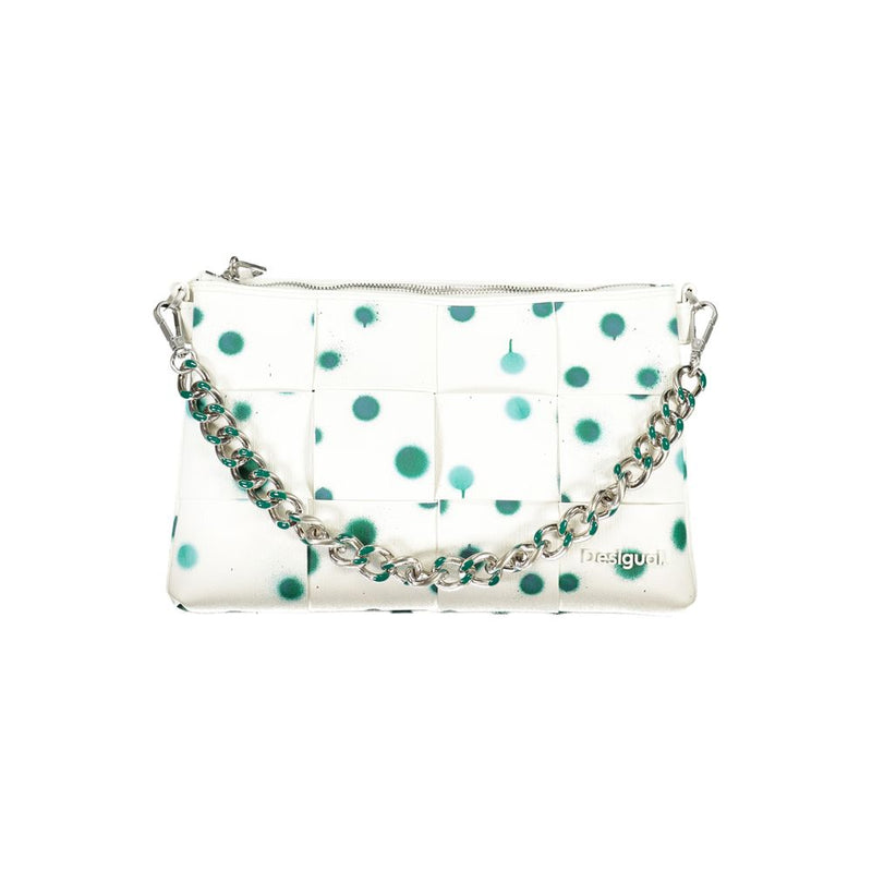 White polyurethane woven handbag with green polka dots and a silver chain strap