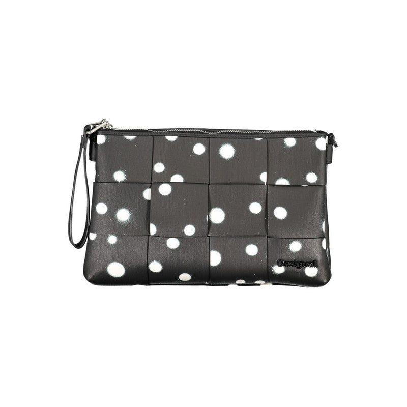 Black polyurethane women's woven clutch bag with white polka dot pattern and wrist strap