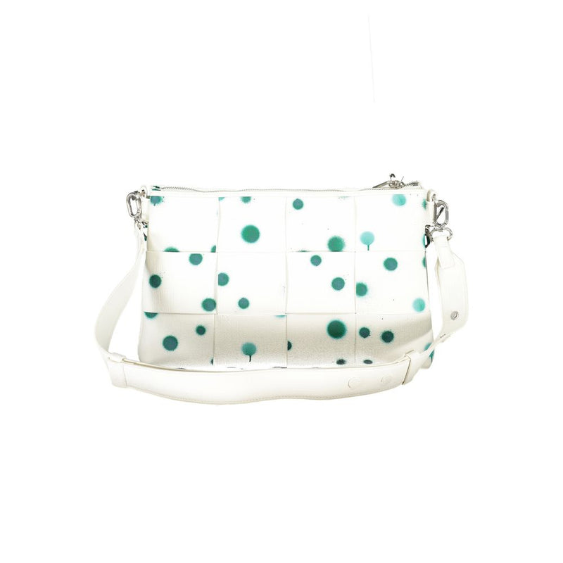 White polyurethane woven women handbag with green polka dot pattern and shoulder strap