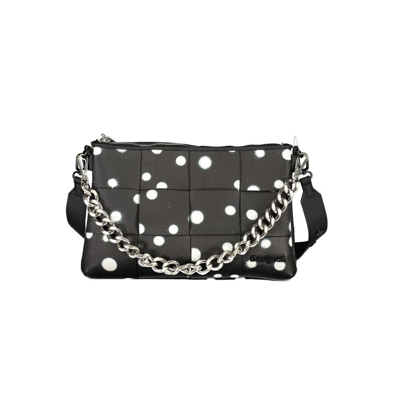 Black polyurethane woven women bag with white polka dots and silver chain handle