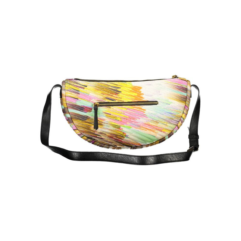 Multicolor polyester half moon shoulder bag with abstract brushstroke pattern and black strap