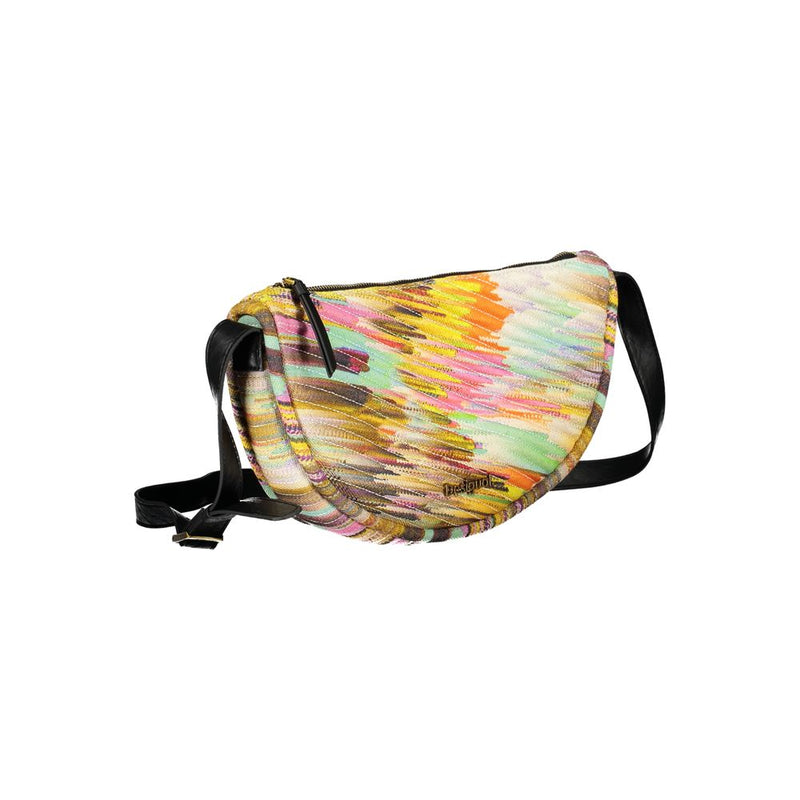 Multi-colored patterned polyester crescent-shaped shoulder bag with black strap