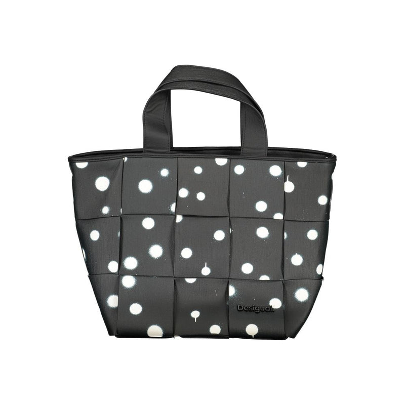 Black polyurethane woven shoulder bag with white polka dots and top handles