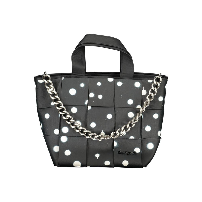Black polyurethane shoulder bag with white polka dots and a silver chain strap