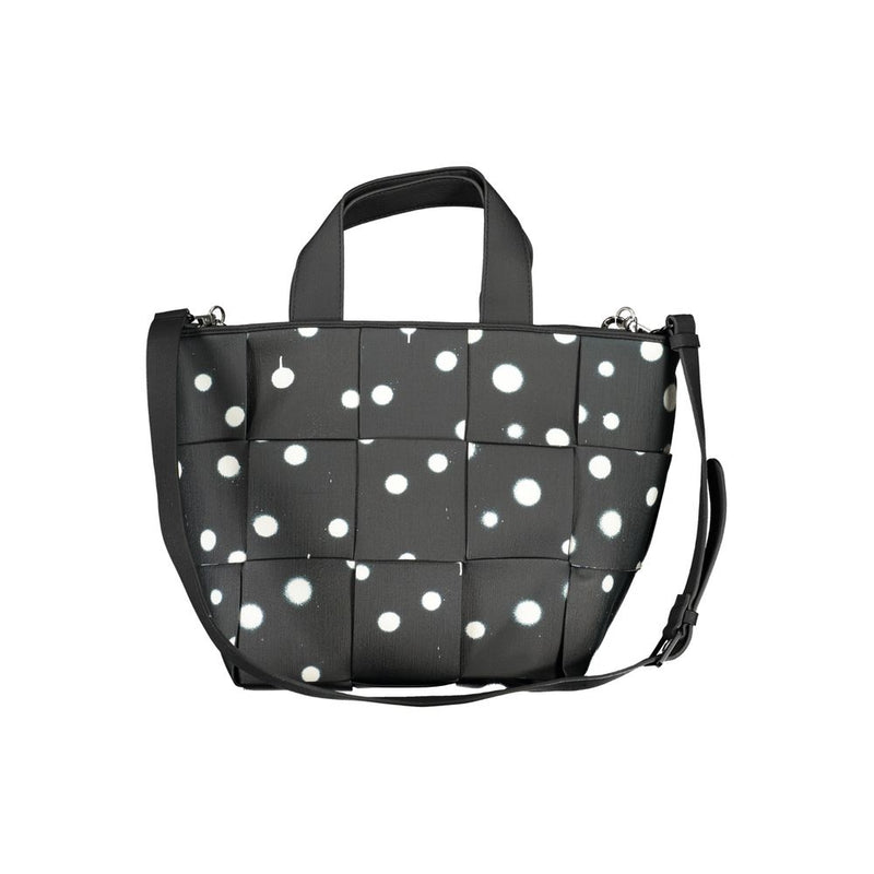 Black polyurethane woven shoulder bag with white polka dots and dual top handles