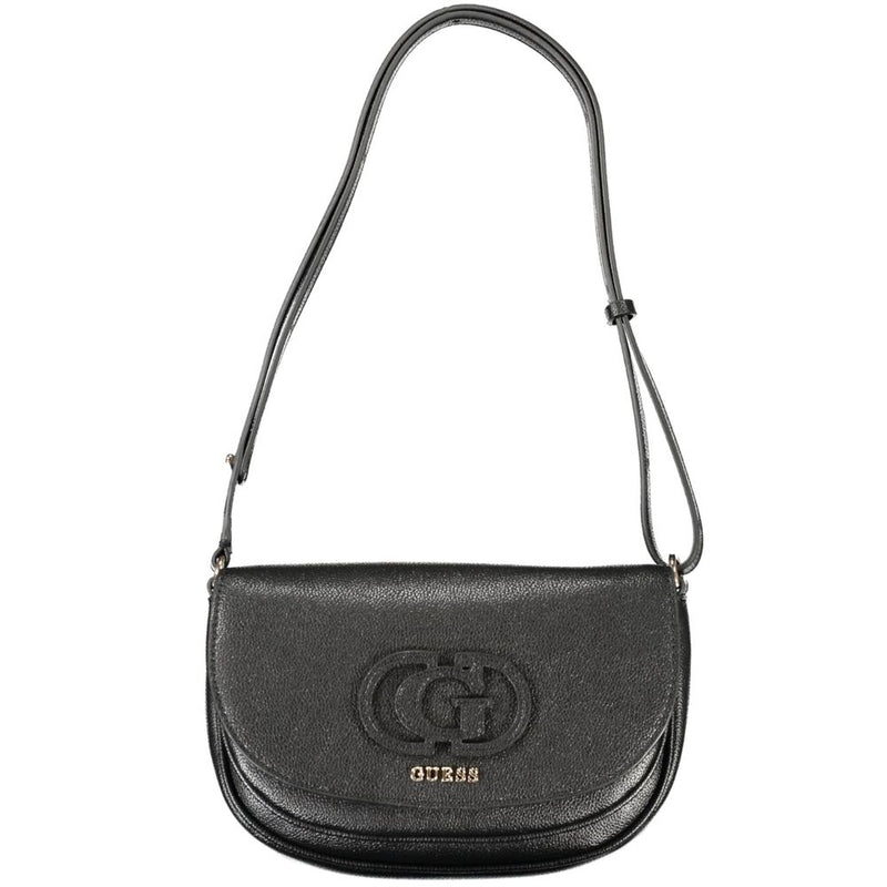 Black textured polyethylene Guess shoulder bag with a curved flap and embossed logo