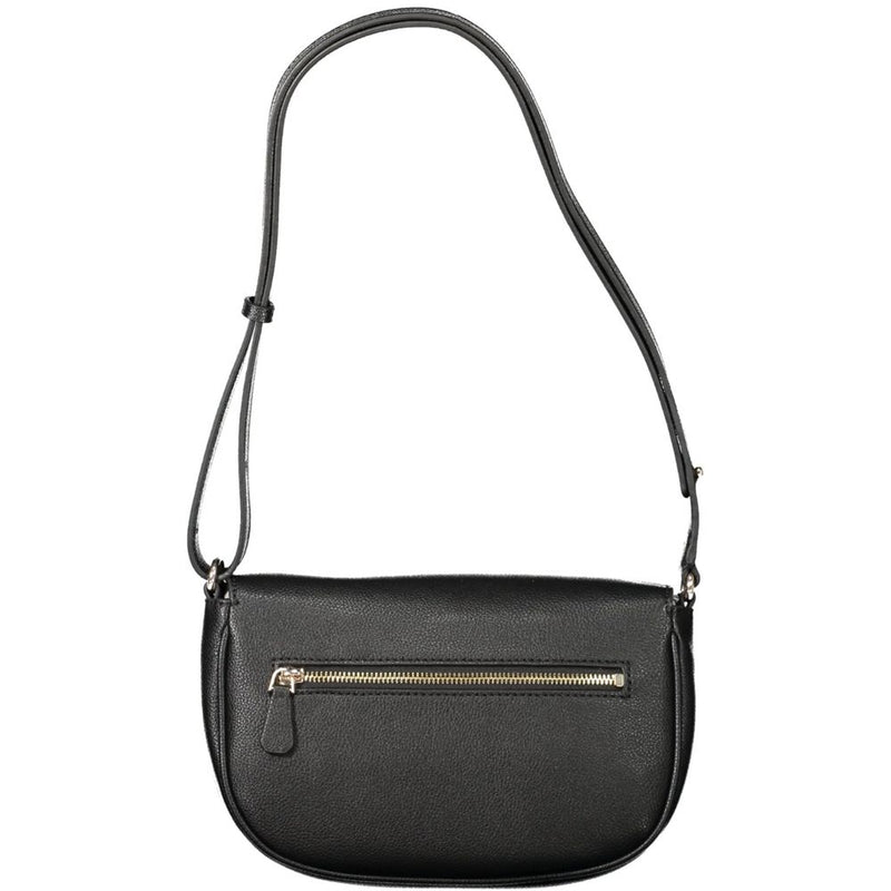 Black textured faux leather shoulder bag with a curved base and a gold zipper pocket on the front flap