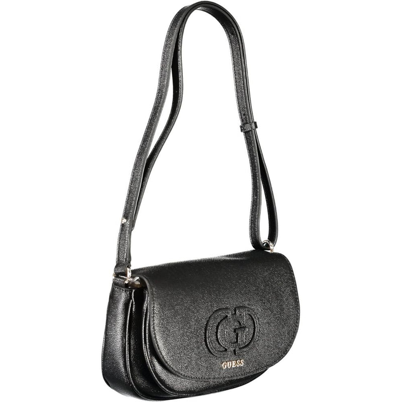 Black textured synthetic leather Guess shoulder bag with a curved flap and embossed logo