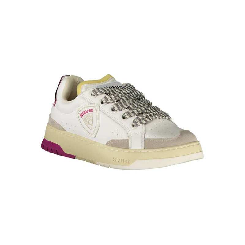 Blauer women's white polyurethane and suede sneaker with platform sole and patterned laces.