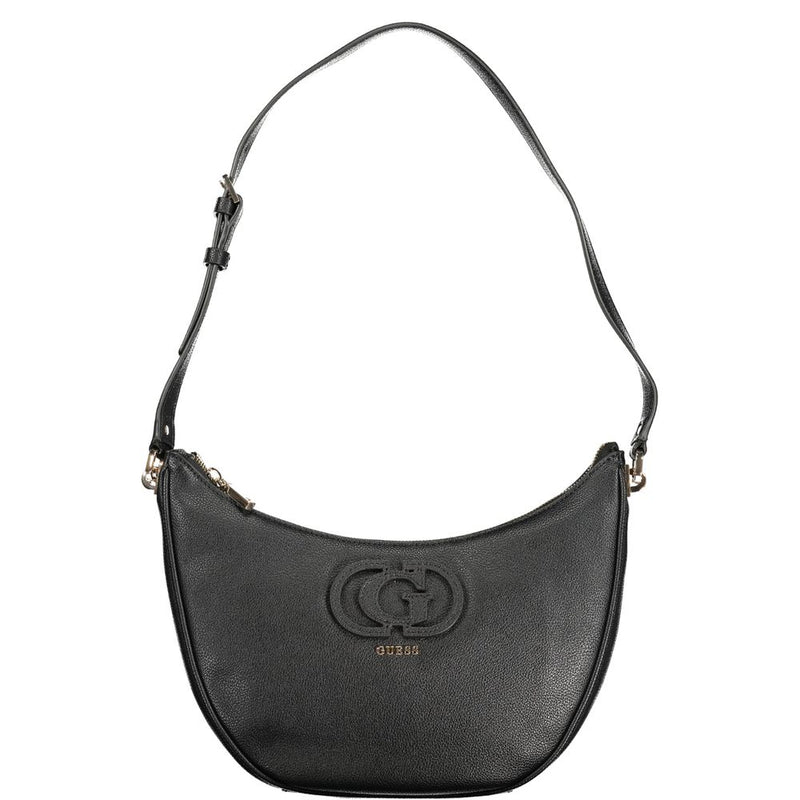 Black polyurethane crescent shoulder bag with adjustable strap and embossed logo