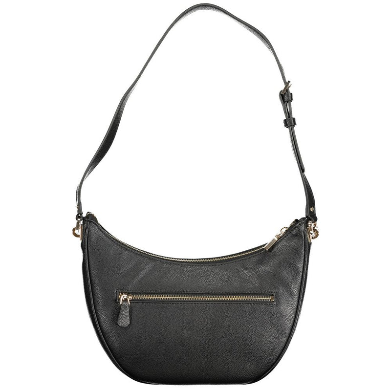Black polyurethane crescent shoulder bag with a single strap and zipper pocket