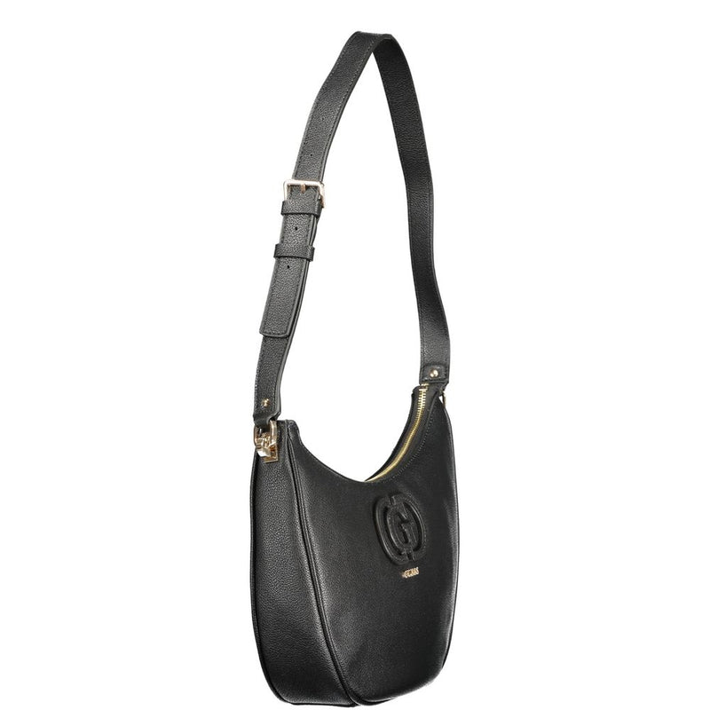 Black polyurethane shoulder bag with adjustable strap and embossed logo