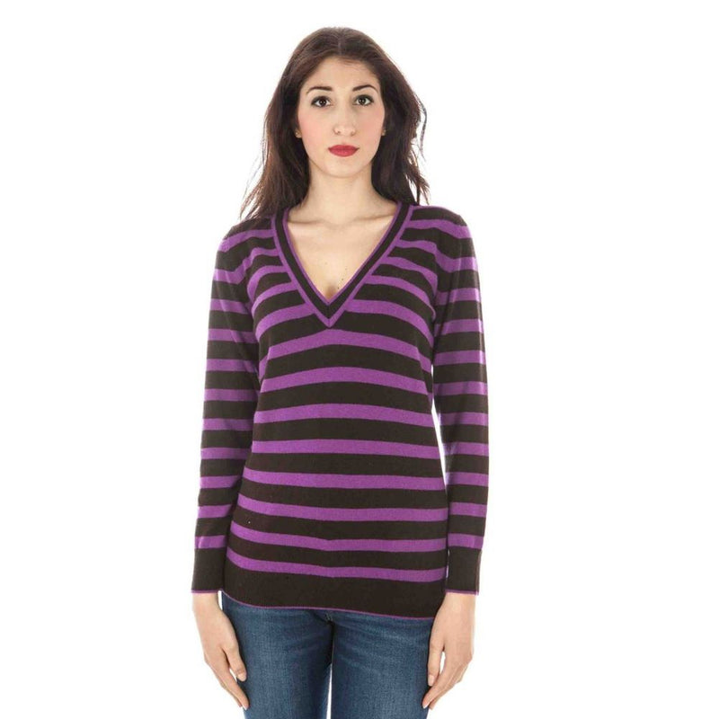 Purple and black striped V-neck cashmere women sweater